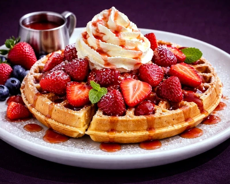 Waffle topped with berries and whipped cream at Rise & Dine Okotoks