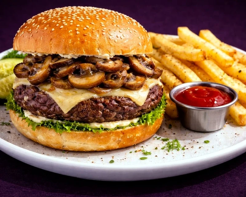 Mushroom and Swiss burger with fries at Rise & Dine Okotoks