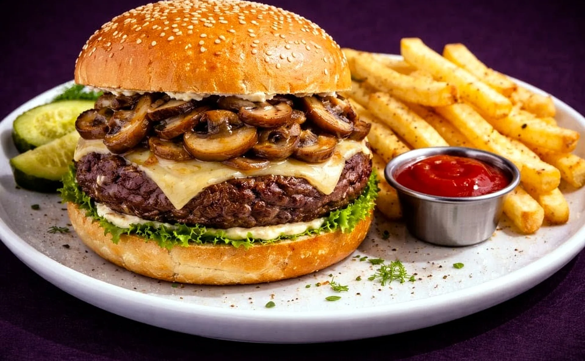 Mushroom and Swiss burger with fries at Rise & Dine Restaurant